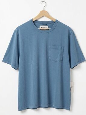 NWT Corridor NYC Garment Dye Tee Aegean Blue Pocket T-Shirt Men Size Large L